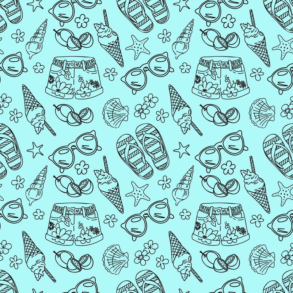 A seamless summer-themed pattern featuring black line art illustrations of flip flops, floral shorts, sunglasses, tropical fruits, shells, ice cream, and starfish on a bright aqua blue background. vector