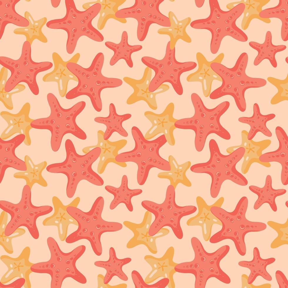 Seamless pattern with cute hand drawn starfish on soft coral background. Summer nautical design for fabric, wrapping paper, kids products, marine decor and beach-themed stationery. vector