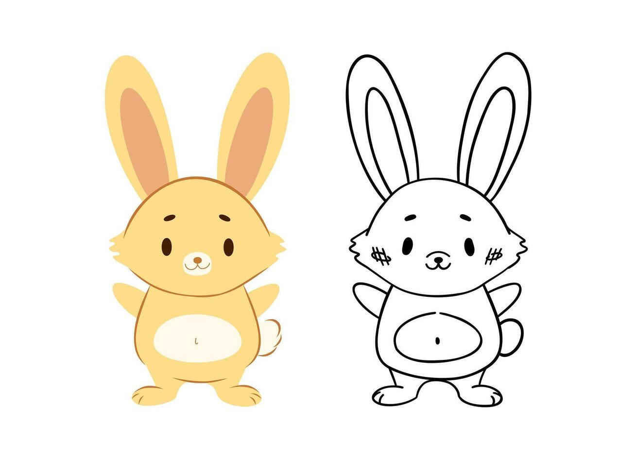 Character set - yellow and line images of a rabbit with a fluffy tail and big ears, perfect for children's drawings, coloring, stickers, children's room decor and creative educational projects. vector