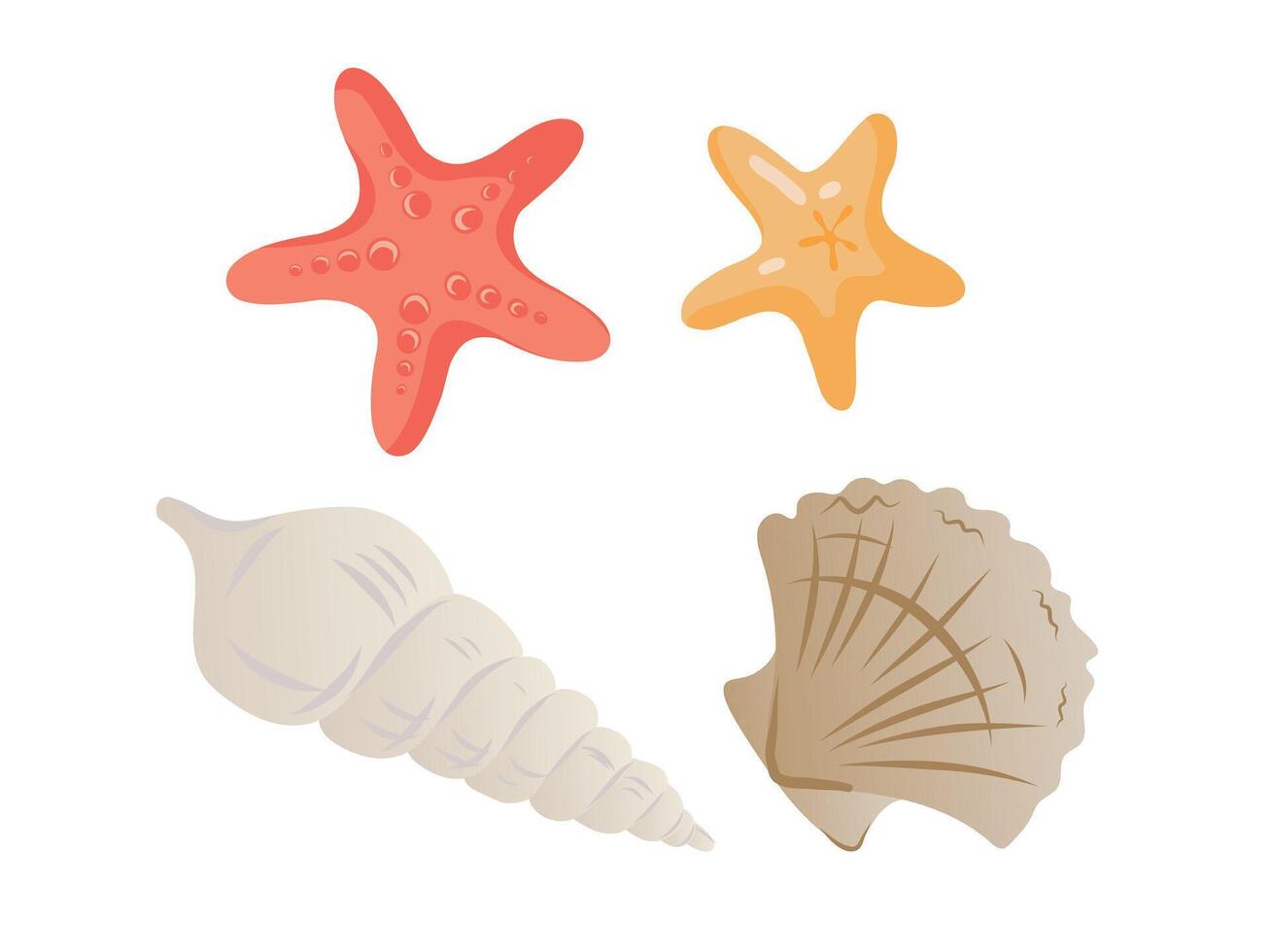 Set of sea elements with starfish and seashells. Colorful hand drawn summer marine clipart. Isolated ocean beach decorative icons for kids, vacation, tropical and nautical design. vector