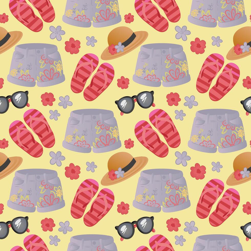 Seamless summer pattern with shorts, flip flops, sunglasses, hat and flowers. Colorful holiday clothes and beachwear illustration for wrapping paper, fabric, textile and children goods. vector