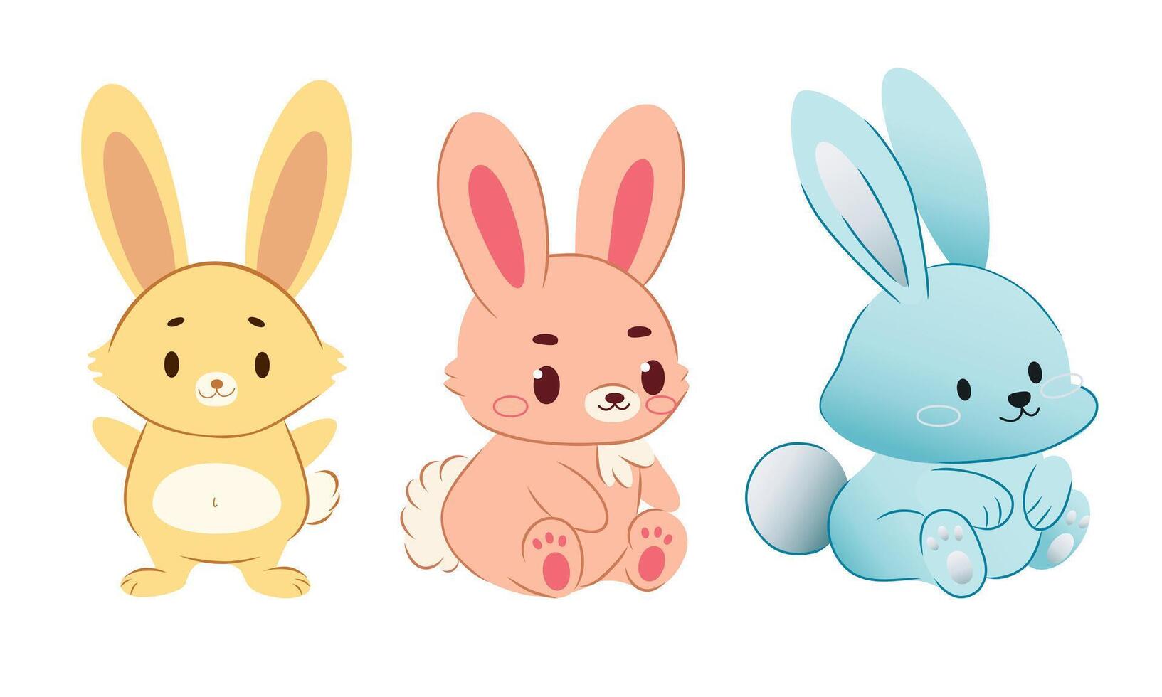 Cute cartoon bunny illustration set hand-drawn colorful rabbits in pastel colors, perfect for kids designs, baby prints, greeting cards, Easter decor, nursery, stickers, and holiday projects vector