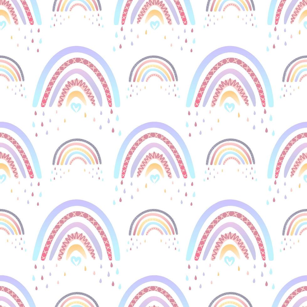 Pattern of two hand-drawn rainbow illustrations in soft pastel colors. One rainbow features warm pink and violet tones with cute heart and scallop details, while the other has blue and pink accents vector
