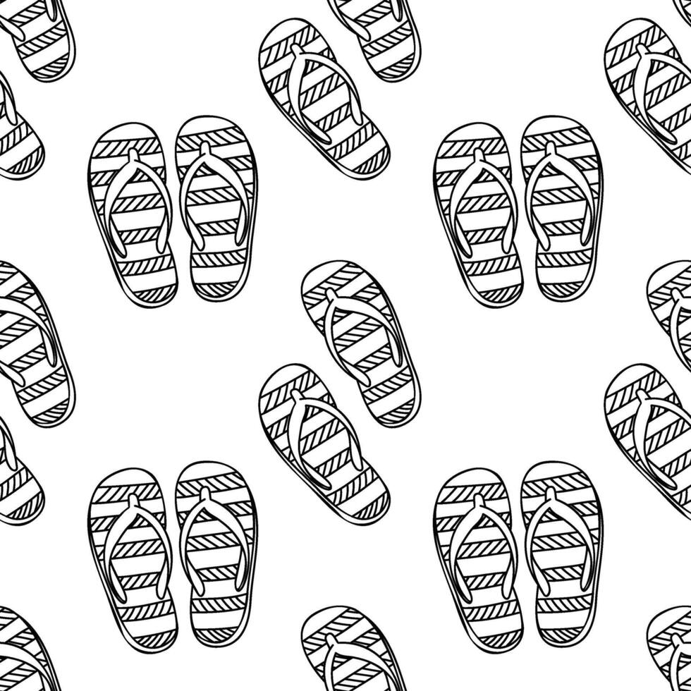 Seamless pattern with hand-drawn black line art slippers on white background. Minimalist cozy footwear illustration for kids fabric, wrapping paper, nursery decor, coloring books, and surface design. vector