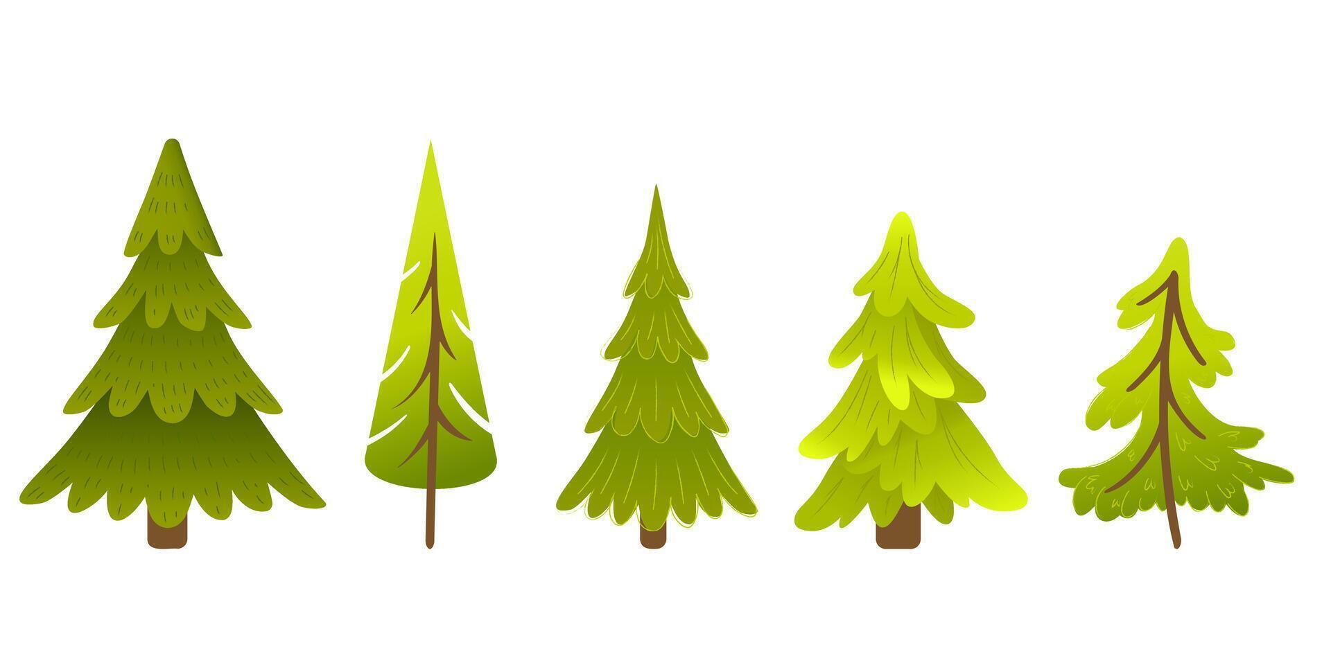 Set of cartoon fir trees. Cute green pine trees in flat style. Forest nature elements for kids design, winter decorations, game assets, woodland scenes and seasonal illustrations. vector