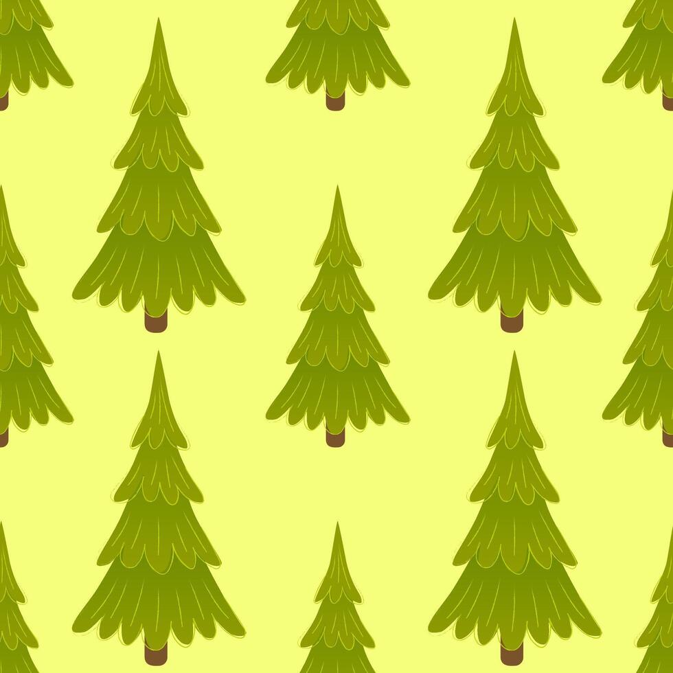 Seamless pattern with fluffy cartoon trees on light green background. Cute winter forest design for kids, holiday decor, wrapping paper, fabric, greeting cards and holiday projects. vector