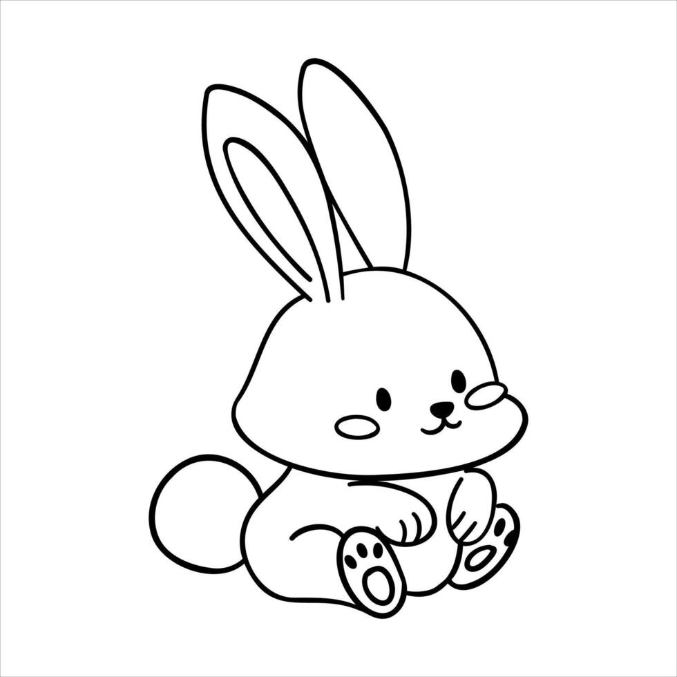 Cute bunny line art coloring illustration baby rabbit outline with fluffy tail and big ears, perfect for kids activity pages, printable coloring books, worksheets, and creative learning vector