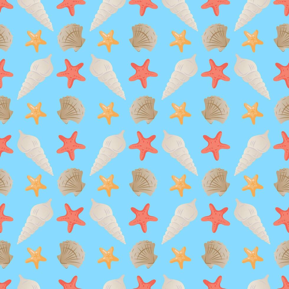 Seamless pattern with hand drawn starfish and seashells on blue background. Nautical summer design for fabric, packaging, wrapping paper, beach accessories and kids marine decorations vector