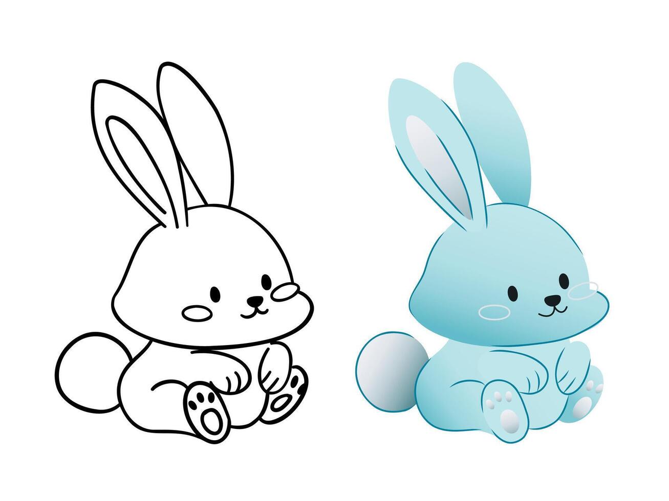 Character set - blue and line images of a rabbit with a fluffy tail and big ears, perfect for children's drawings, coloring, stickers, children's room decor and creative educational projects. vector