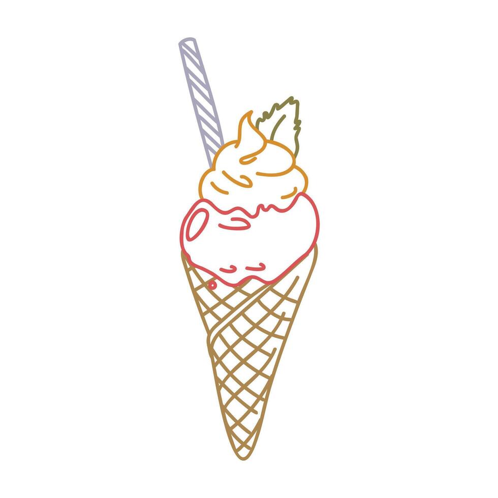 Minimalist illustration of a summer ice cream cone in a line art style. Fun balloon with swirled top, waffle cone, mint striped straw and pineapple slice. Perfect for kids coloring books, stickers vector