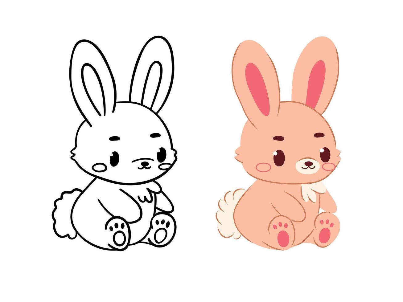 Character set - pink and line images of a rabbit with a fluffy tail and big ears, perfect for children's drawings, coloring, stickers, children's room decor and creative educational projects. vector