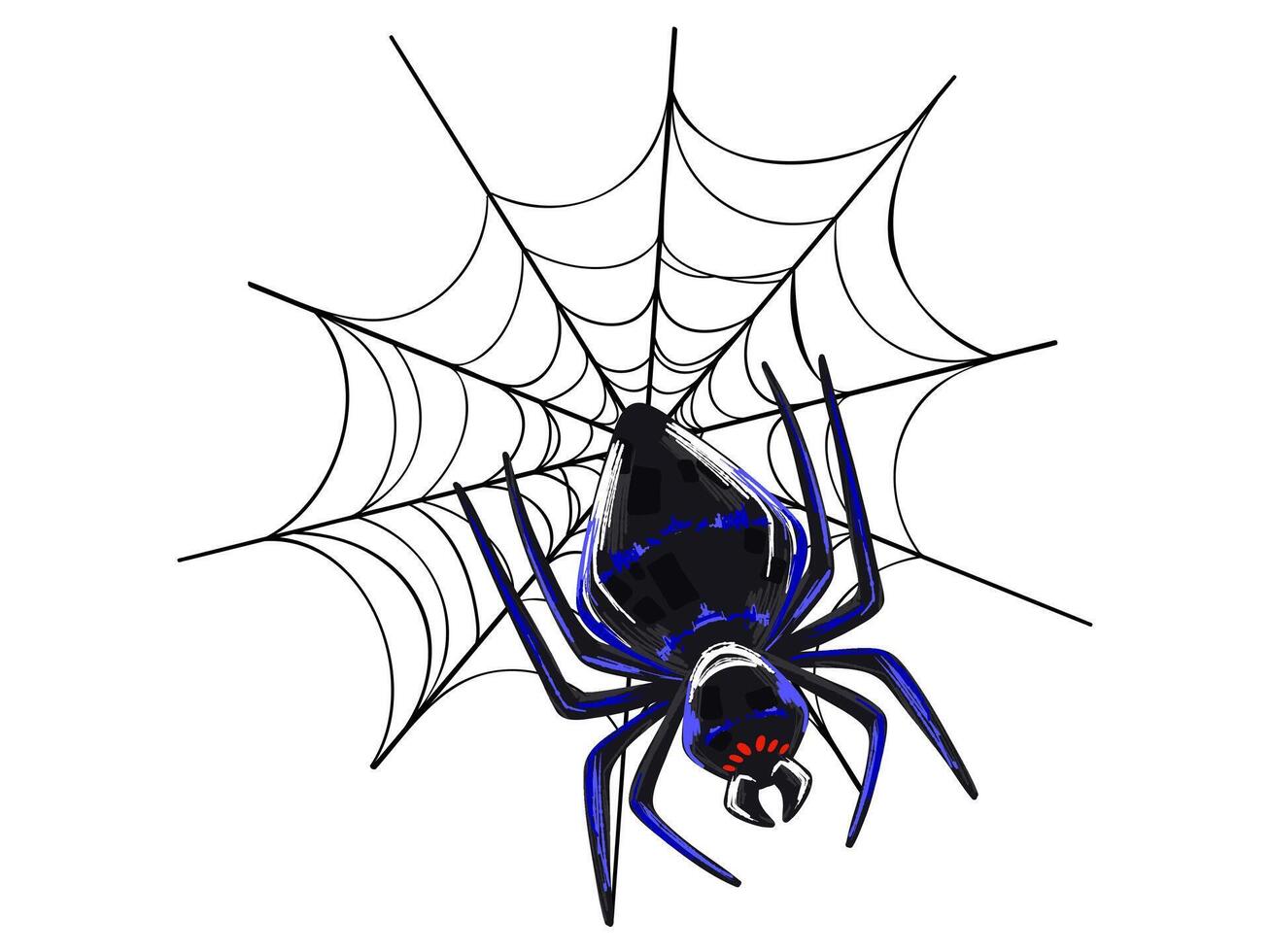 Creepy spider in a web - stylized illustration of a black insect with red eyes and fangs, perfect for creepy set design, horror concepts, biological posters and insect-themed graphics vector