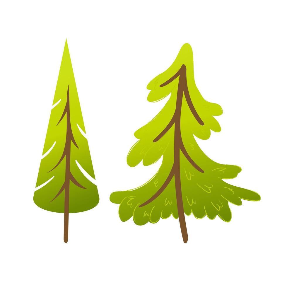 Cartoon pine tree set with visible trunks. Two stylized green forest trees in flat style. Cute firs for woodland design, kids illustration, holiday decor, game assets, and nature themes. vector