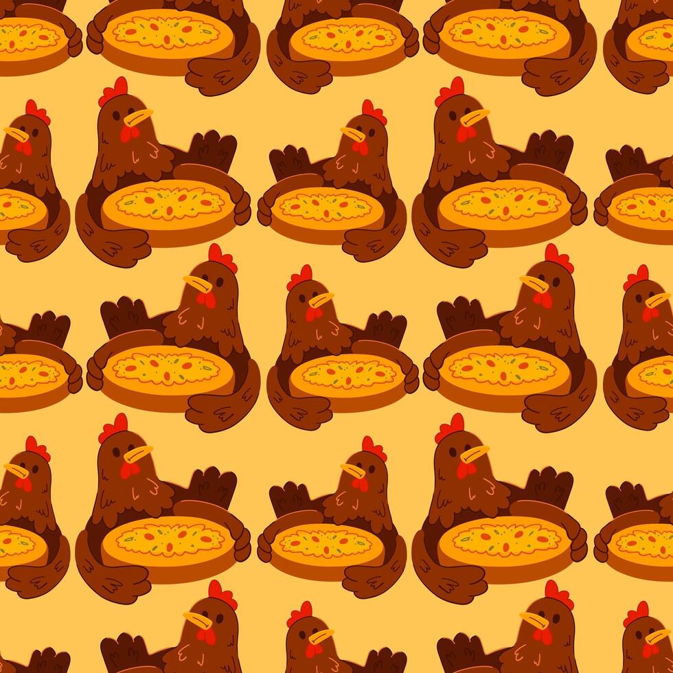 Cute seamless pattern with cartoon chicken holding a pie cozy farm-style design perfect for kids, textiles, wrapping paper, Thanksgiving, bakery packaging, kitchen decor and digital scrapbooking vector