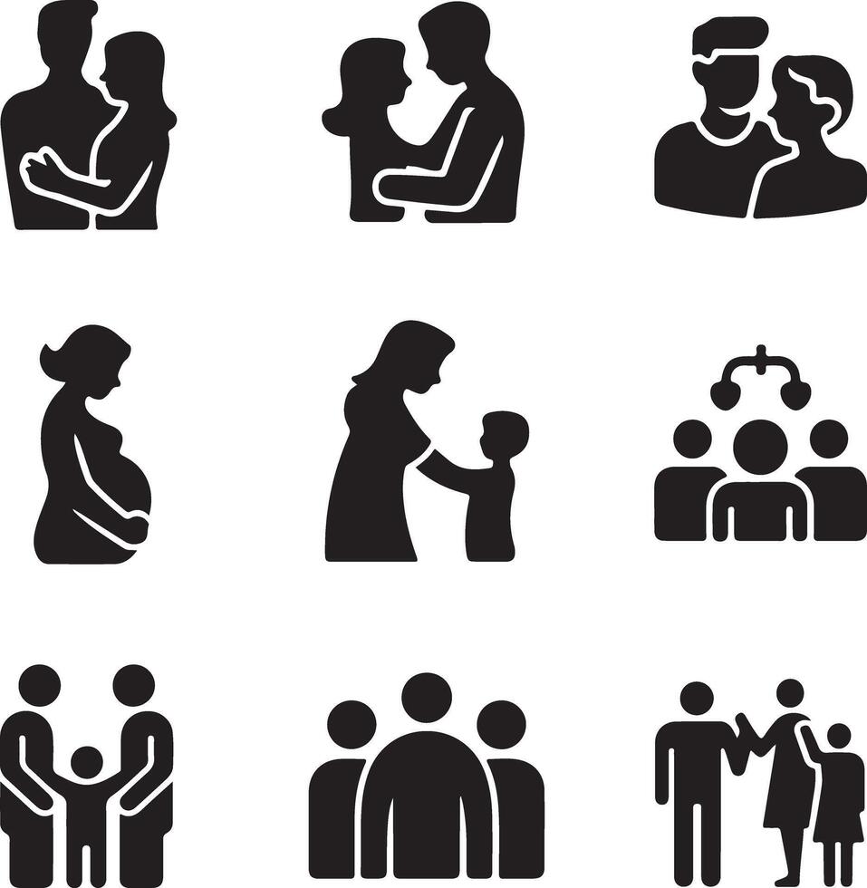 Black Icons of Family Couples Parents and Children vector