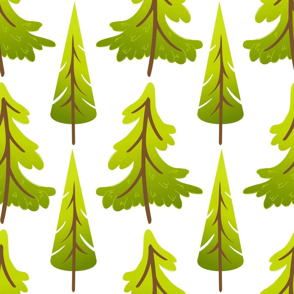 Seamless pattern with cartoon fir trees with trunks. Cute stylized pine tree background in flat design. Winter forest illustration for fabric, kids products, wrapping paper and woodland themes. vector