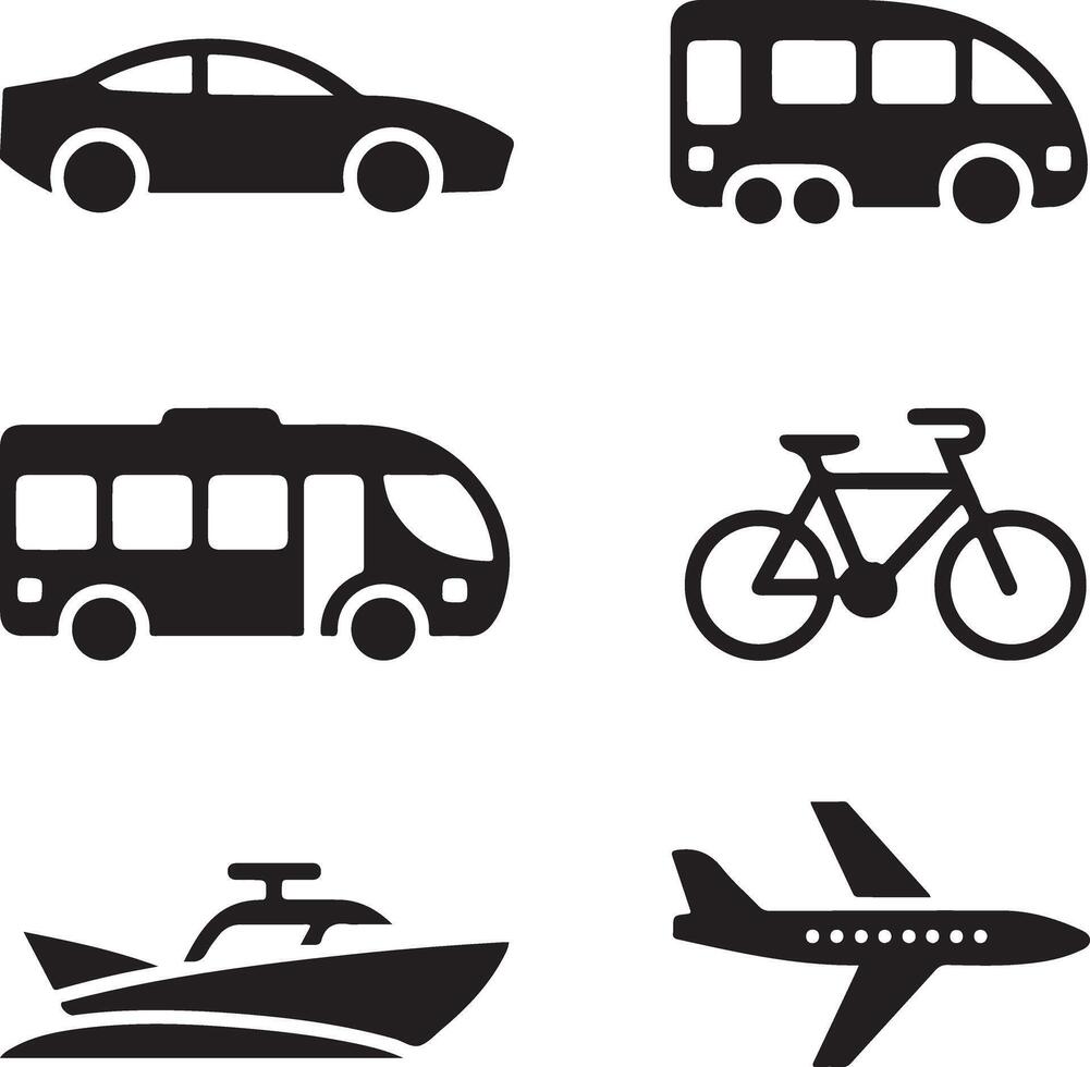 Travel and Logistics Vehicle Icons Set in Black Silhouette vector