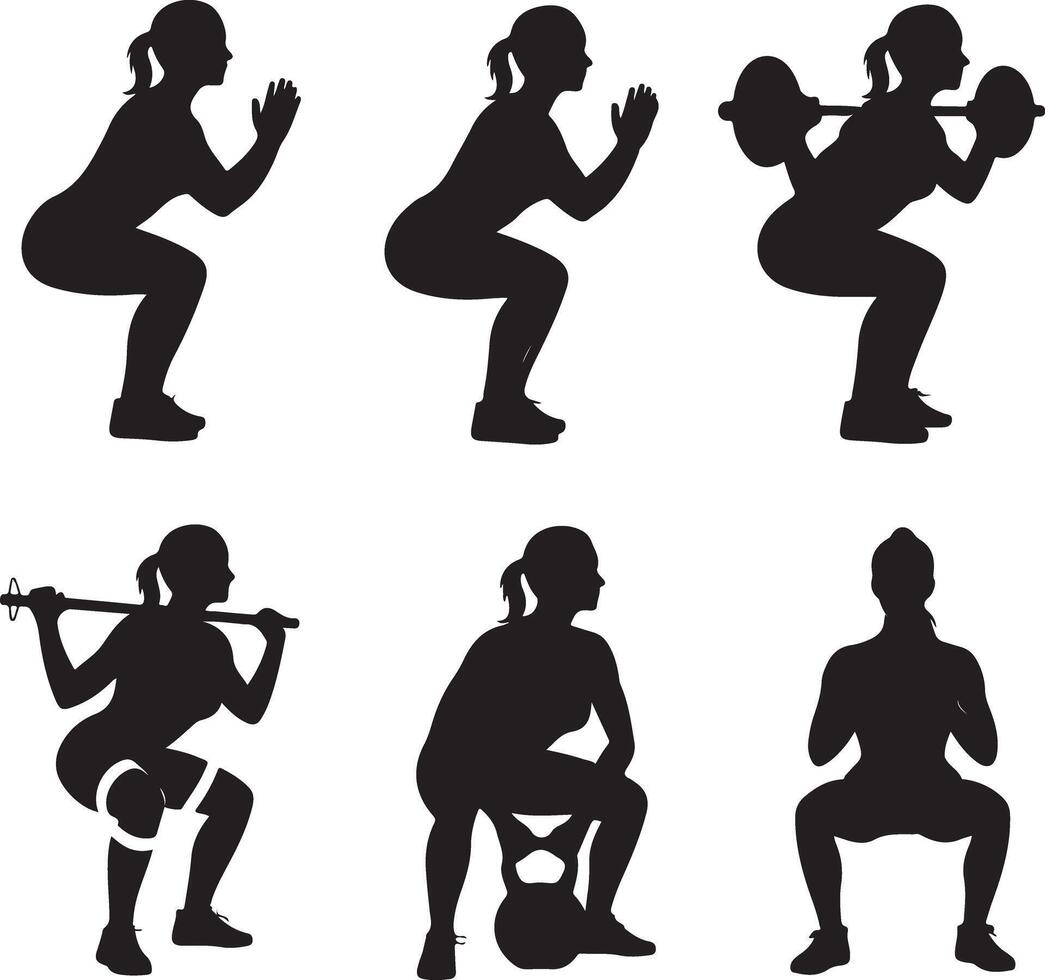 Black Silhouette of Women Squatting for Fitness Workout on White Background vector