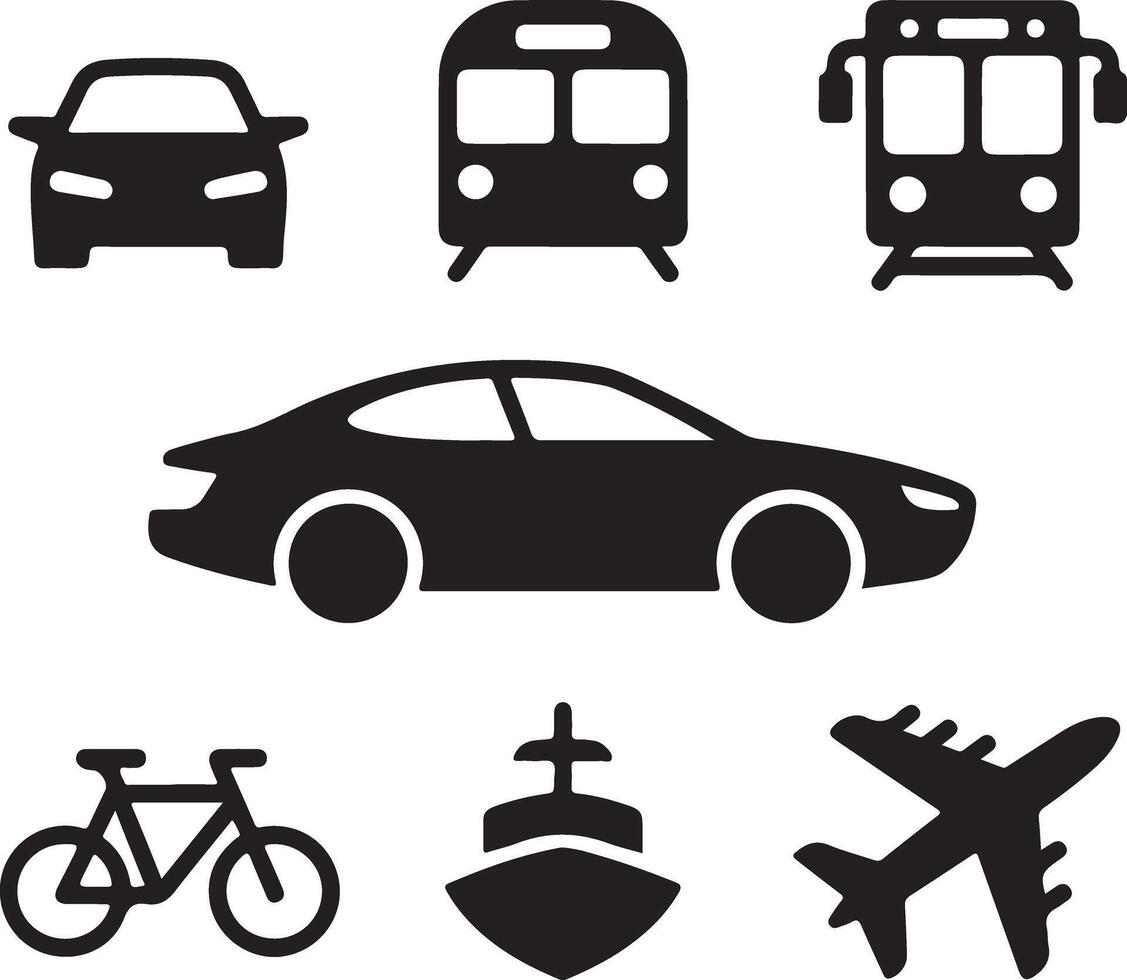 Transportation Vehicle Icon Set Silhouettes of Car Train Bus Bicycle and More vector