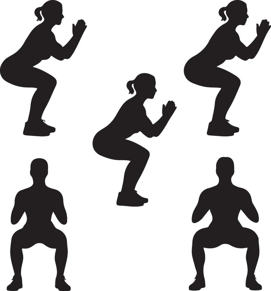 Women Fitness Workout Silhouettes Squatting on White Background vector