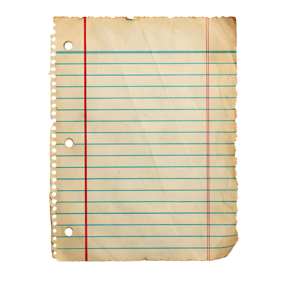 Torn vintage lined notebook paper with distressed edges isolated on Transparent Background png