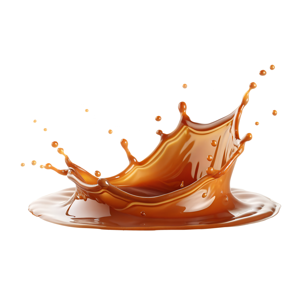 Splash of caramel sauce with shiny texture isolated on white background cutout png