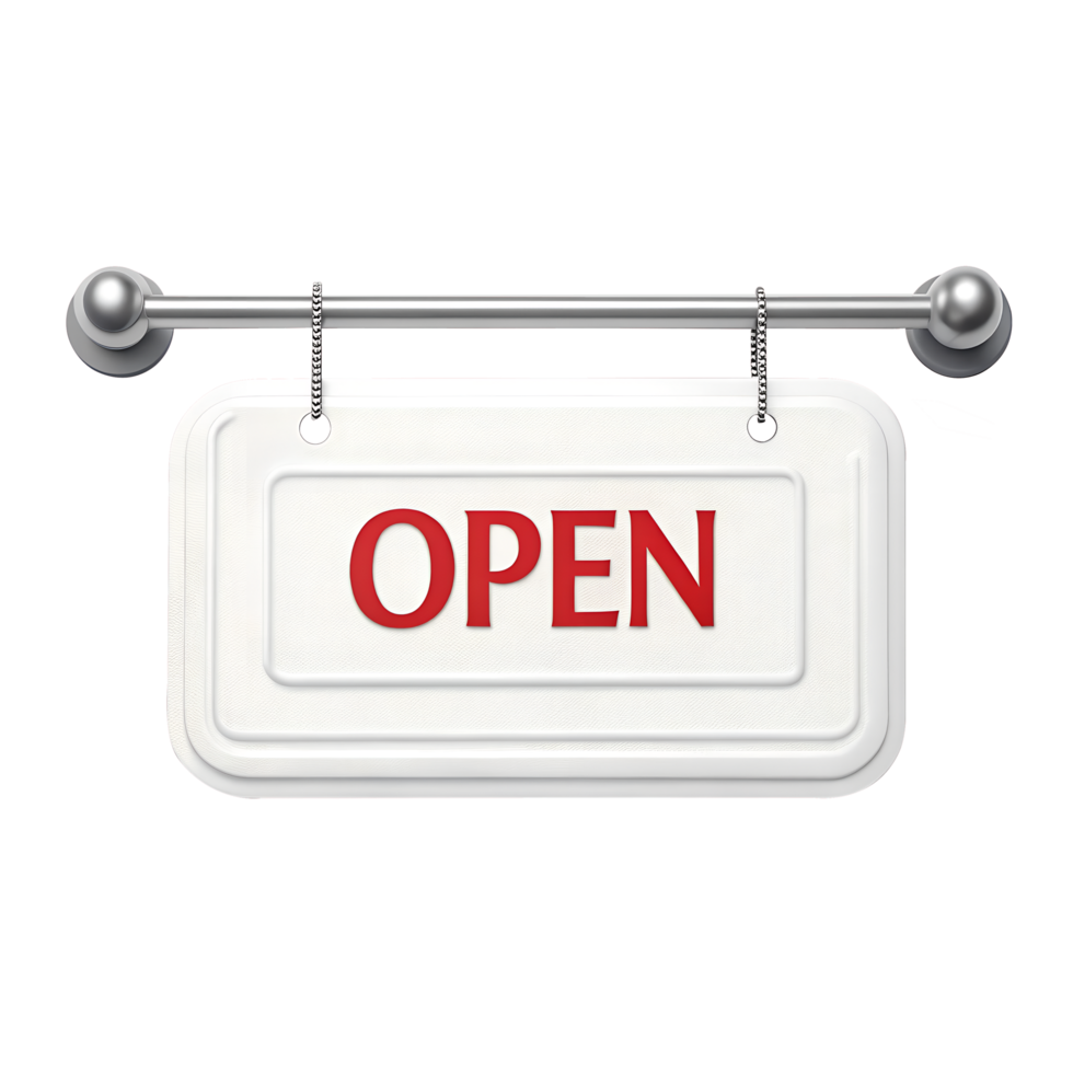 .A white sign with the word OPEN in red lettering is hanging from a silver chain on Transparent Background png