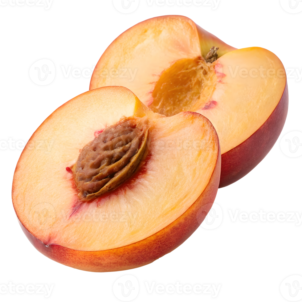 Juicy peach cut in half revealing the pit and soft flesh in summer setting png