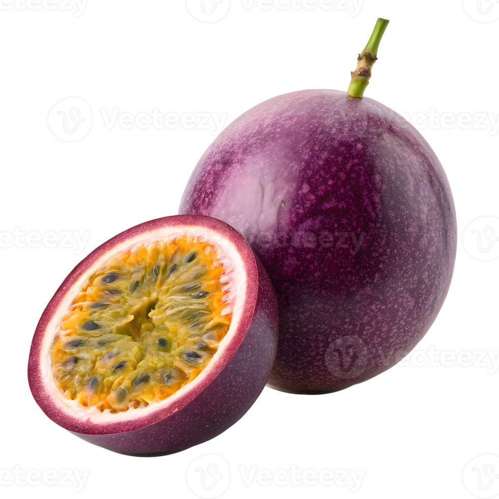 Fresh purple passion fruit with slice showing juicy interior and seeds png
