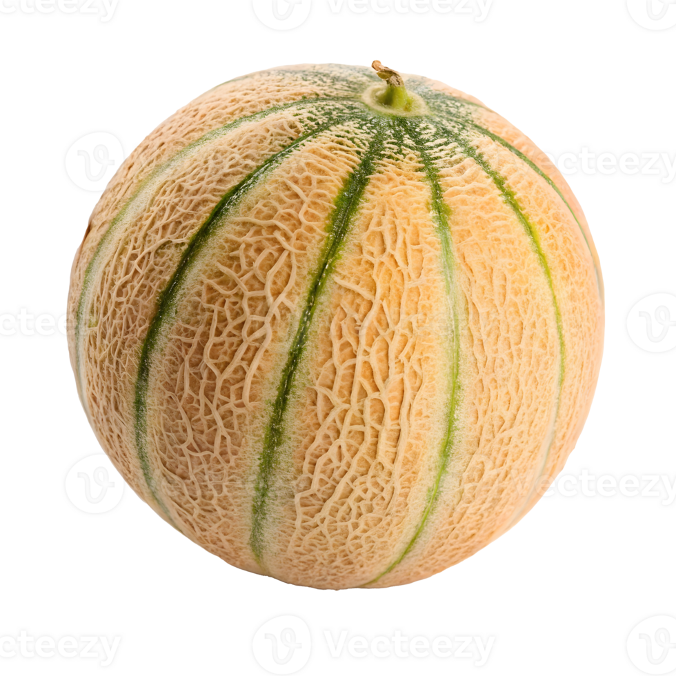 Fresh melon showcasing its textured skin and green stripes on a transparent background png