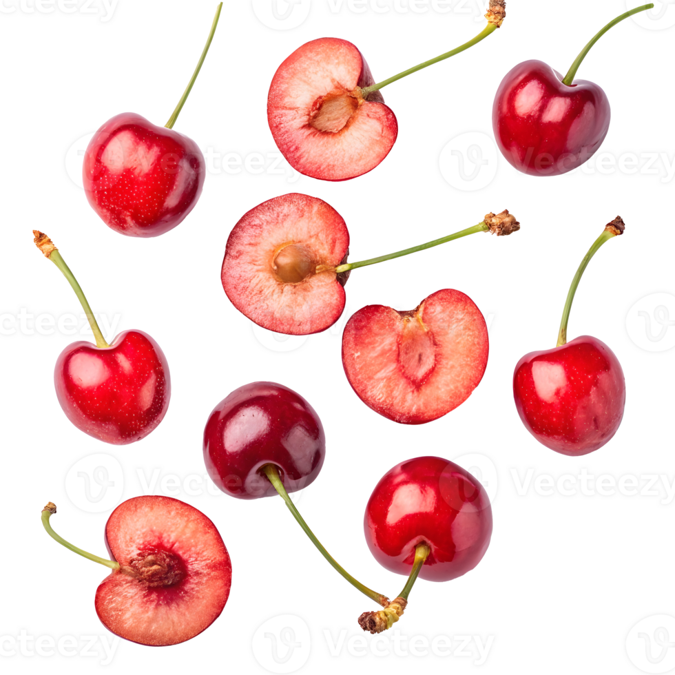 Fresh cherries arranged on a transparent background showcasing vibrant colors png