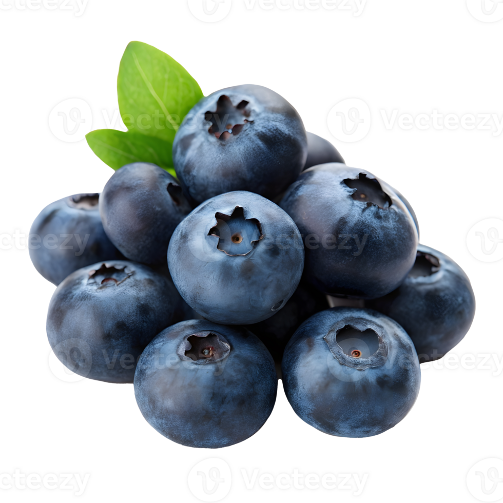 Fresh blueberries piled with green leaves on a transparent background png
