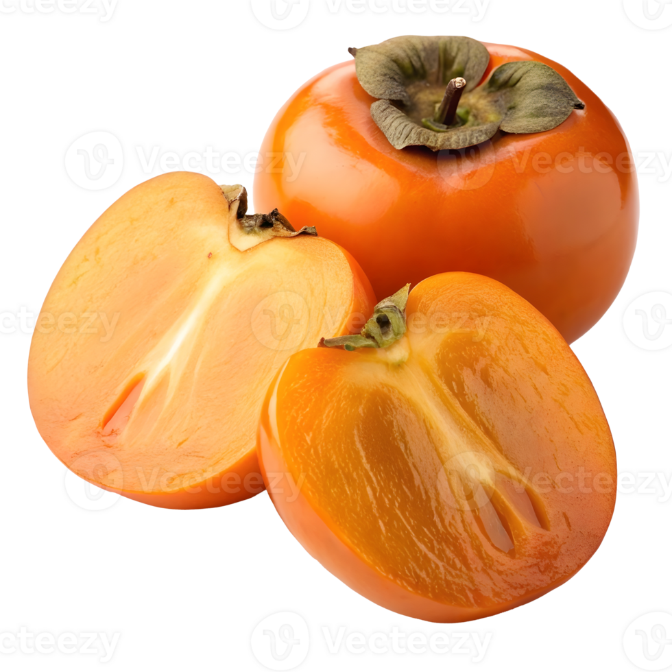 Fresh persimmons cut open on a transparent background for culinary use png