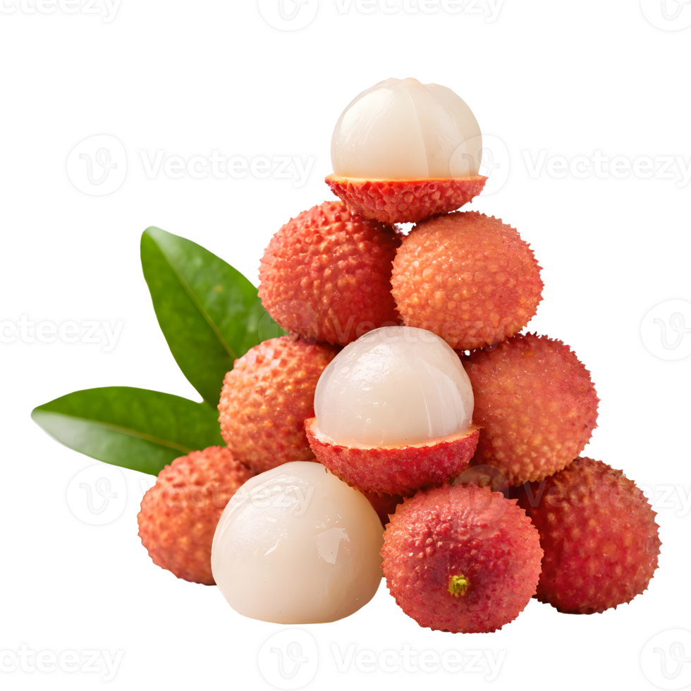 Lychee fruit arranged in a pyramid with green leaves in bright sunlight png