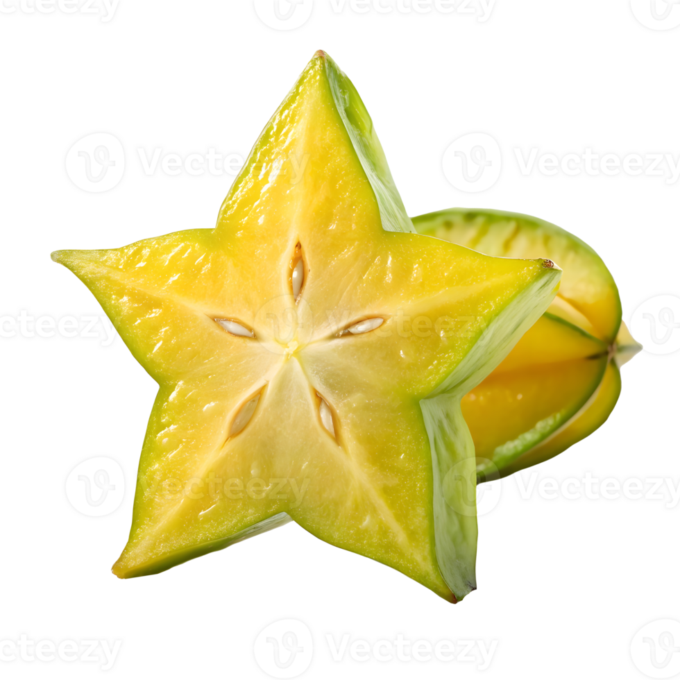 Freshly cut starfruit displaying its unique shape and vibrant color png