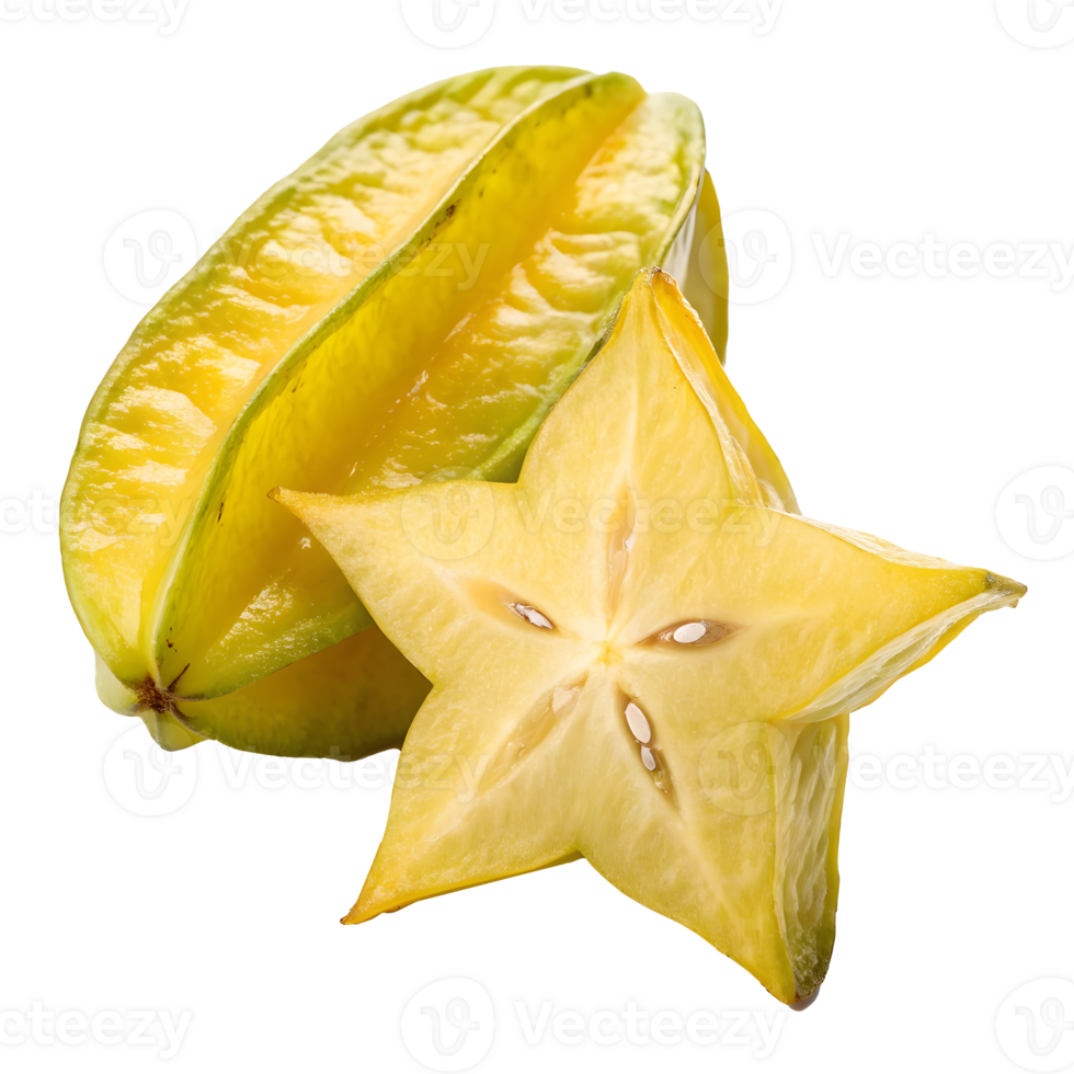 Fresh star fruit cut in half showcasing its unique star shape and color png