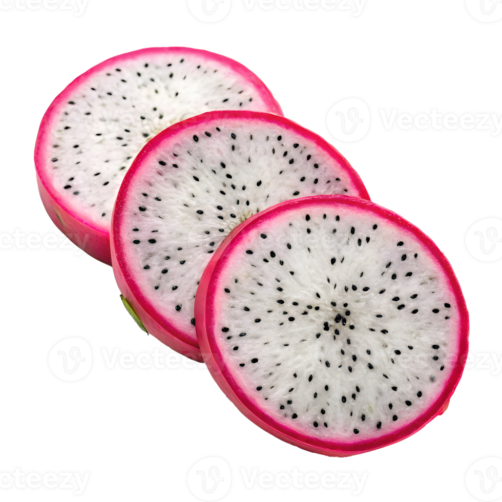 Slices of colorful dragon fruit displayed on a clean surface png