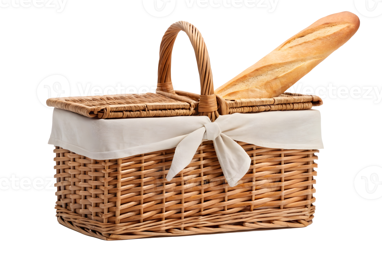 Wicker basket with baguette placed on top ready for a picnic in the park png