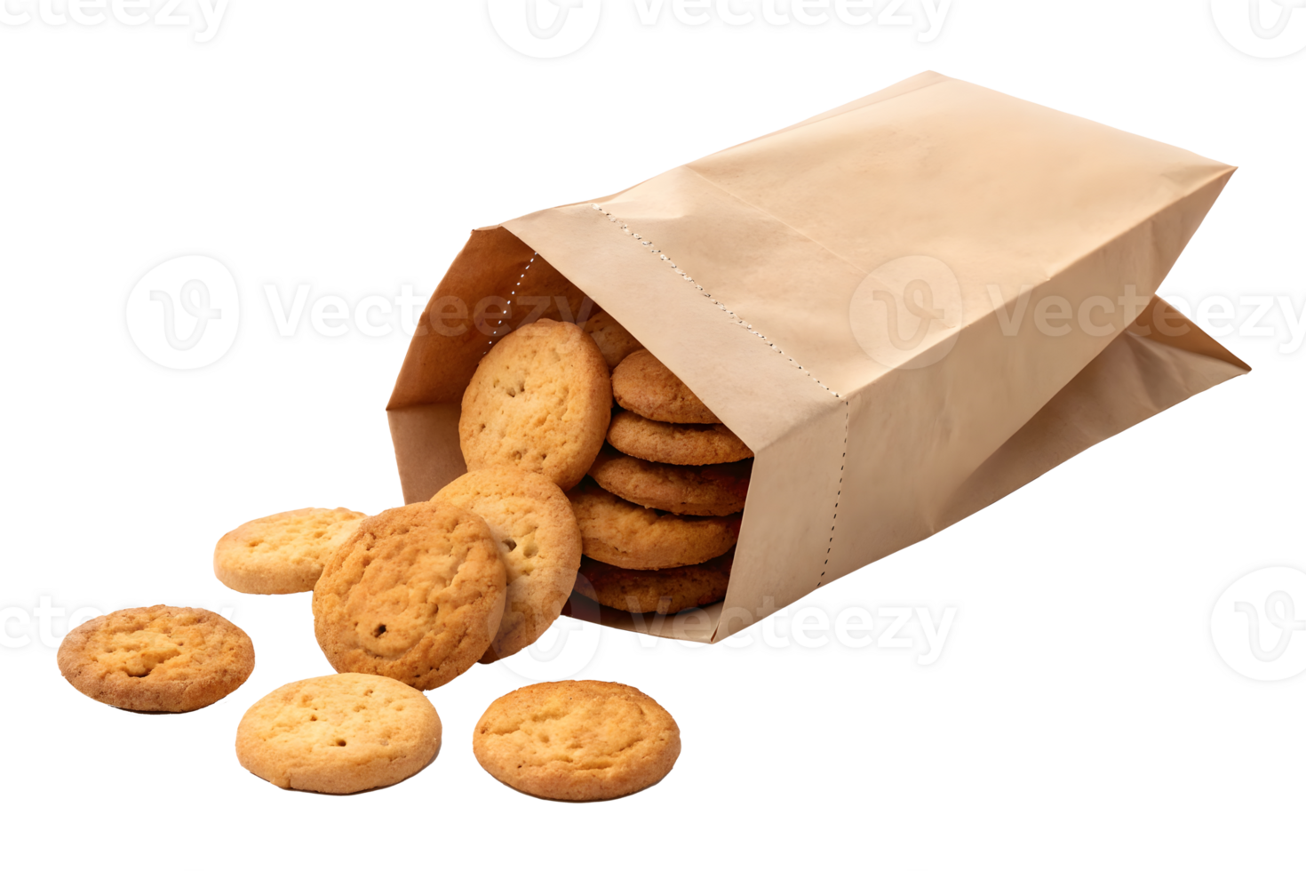Freshly baked cookies spilling from a paper bag on a transparent background png