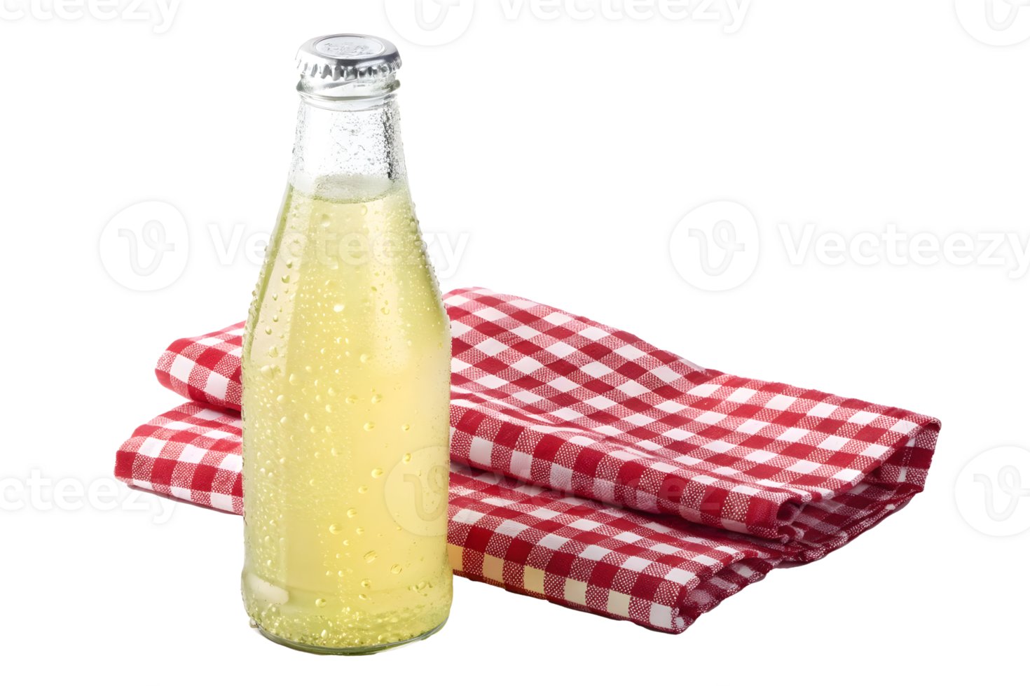 Refreshing fizzy drink in a glass bottle with a checkered cloth napkin png