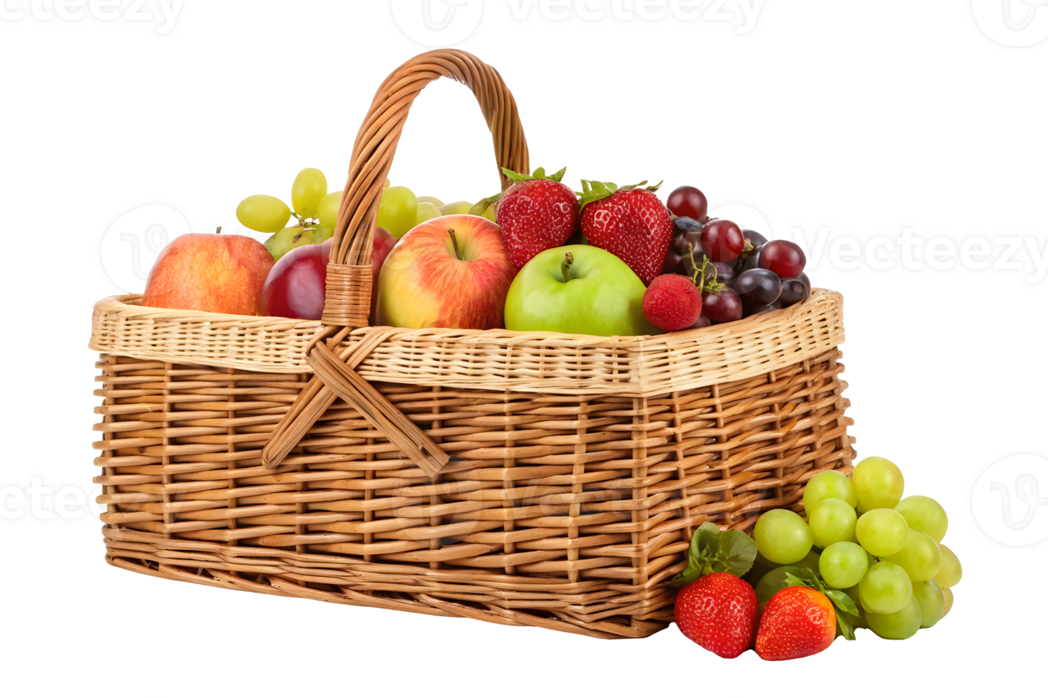 Fresh fruit basket featuring apples, grapes, strawberries, and more png