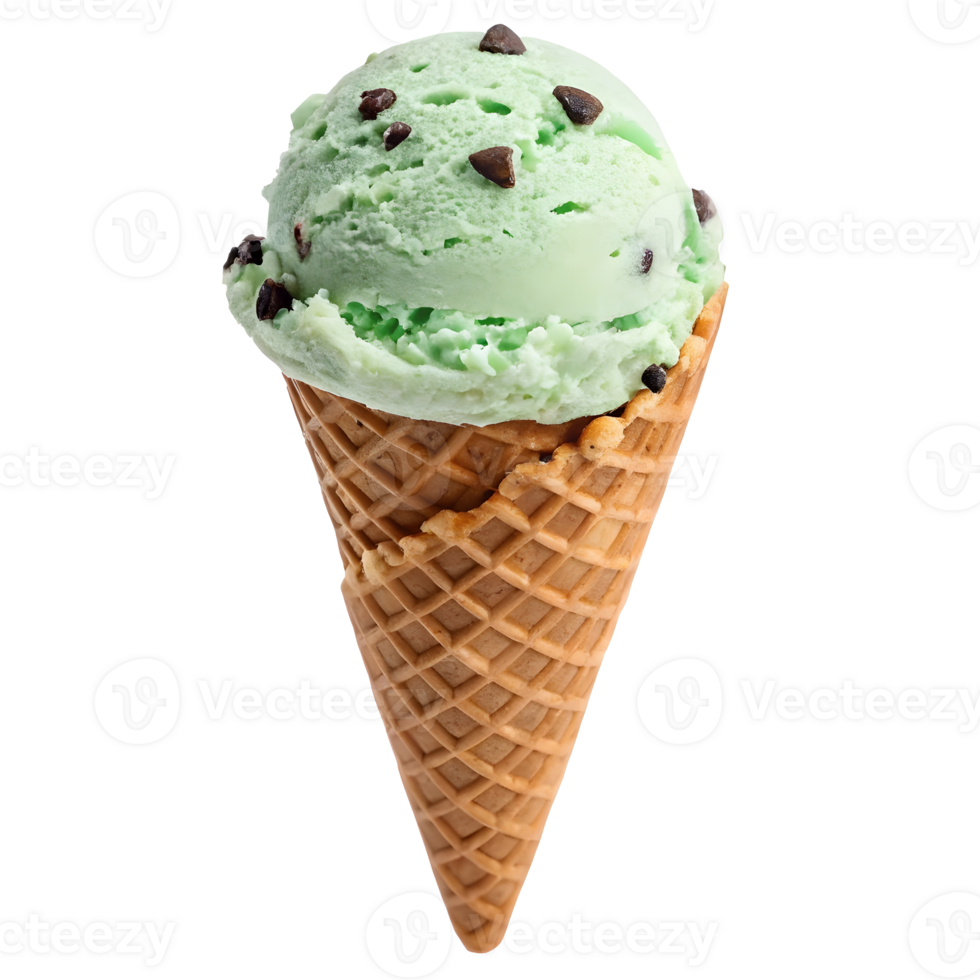 Delightful mint chocolate chip ice cream cone served in a waffle cone png