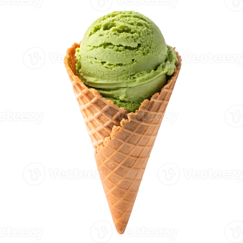 Enjoying refreshing green ice cream in a waffle cone on a sunny day png