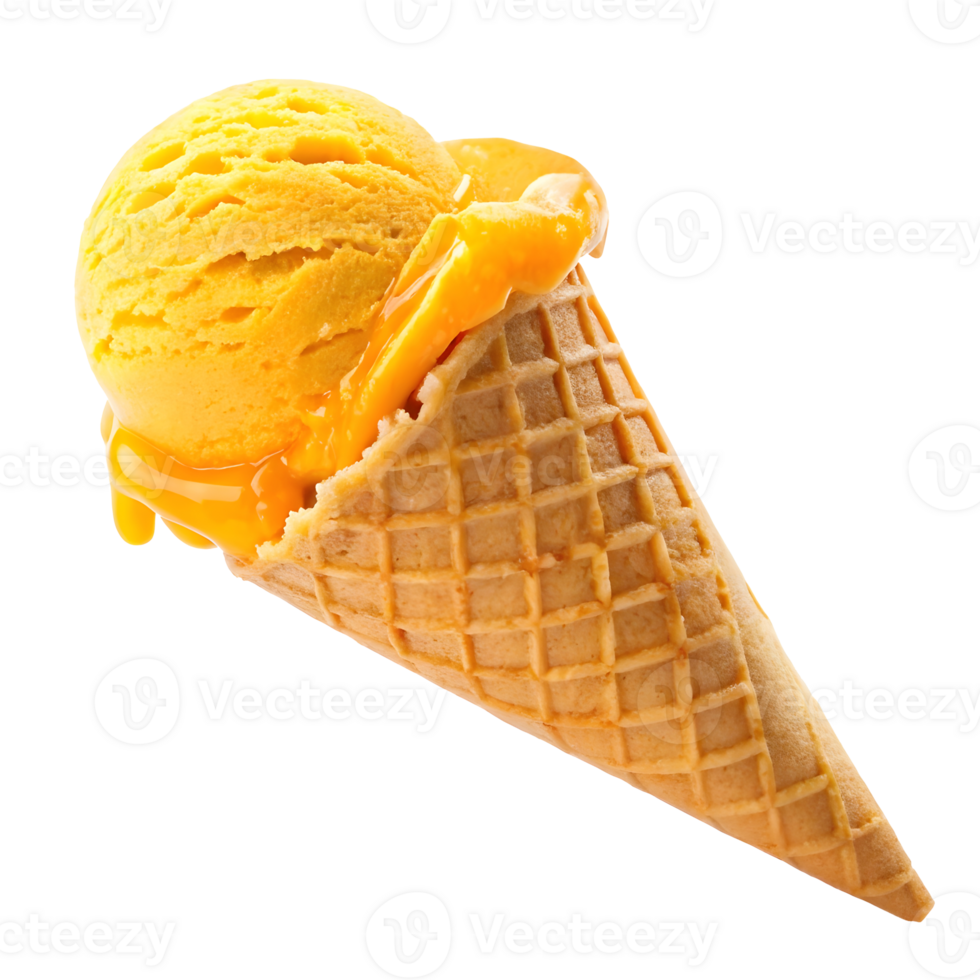 Delicious yellow ice cream cone dripping with syrup png