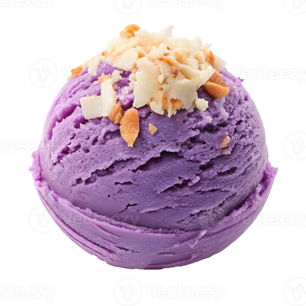 Creamy purple ice cream with coconut flakes and nuts on top png