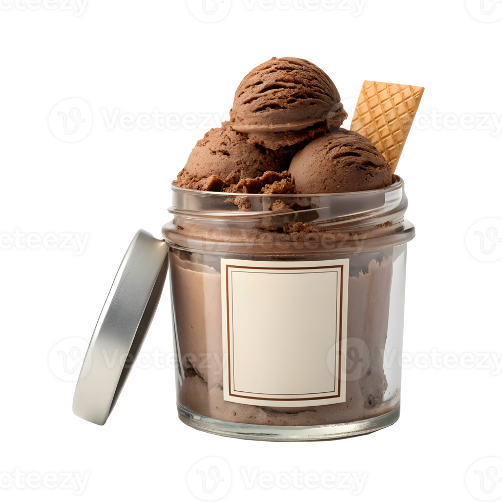 Chocolate ice cream served in a glass jar with a waffle cone png