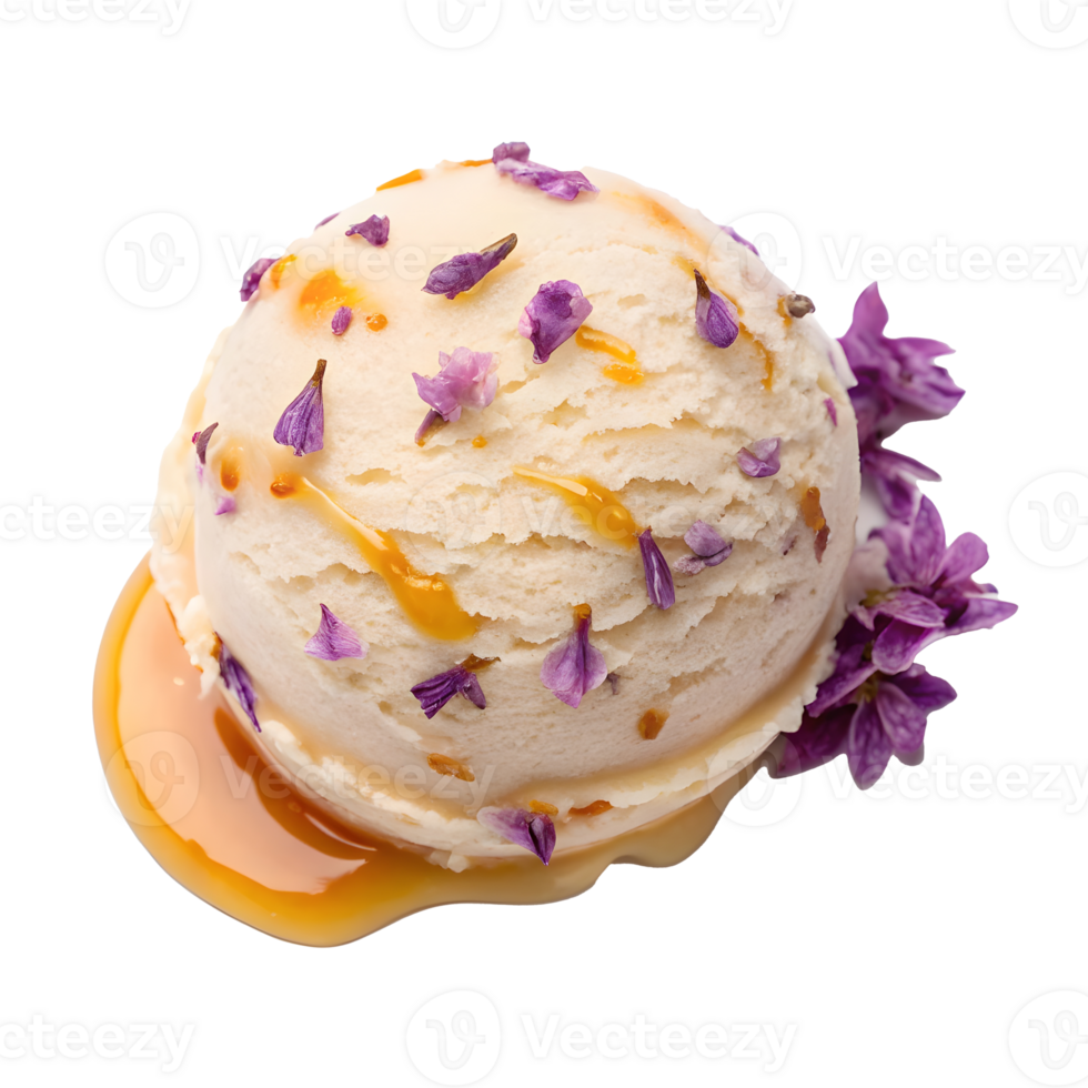 Creamy vanilla ice cream topped with purple flower petals and caramel drizzle png