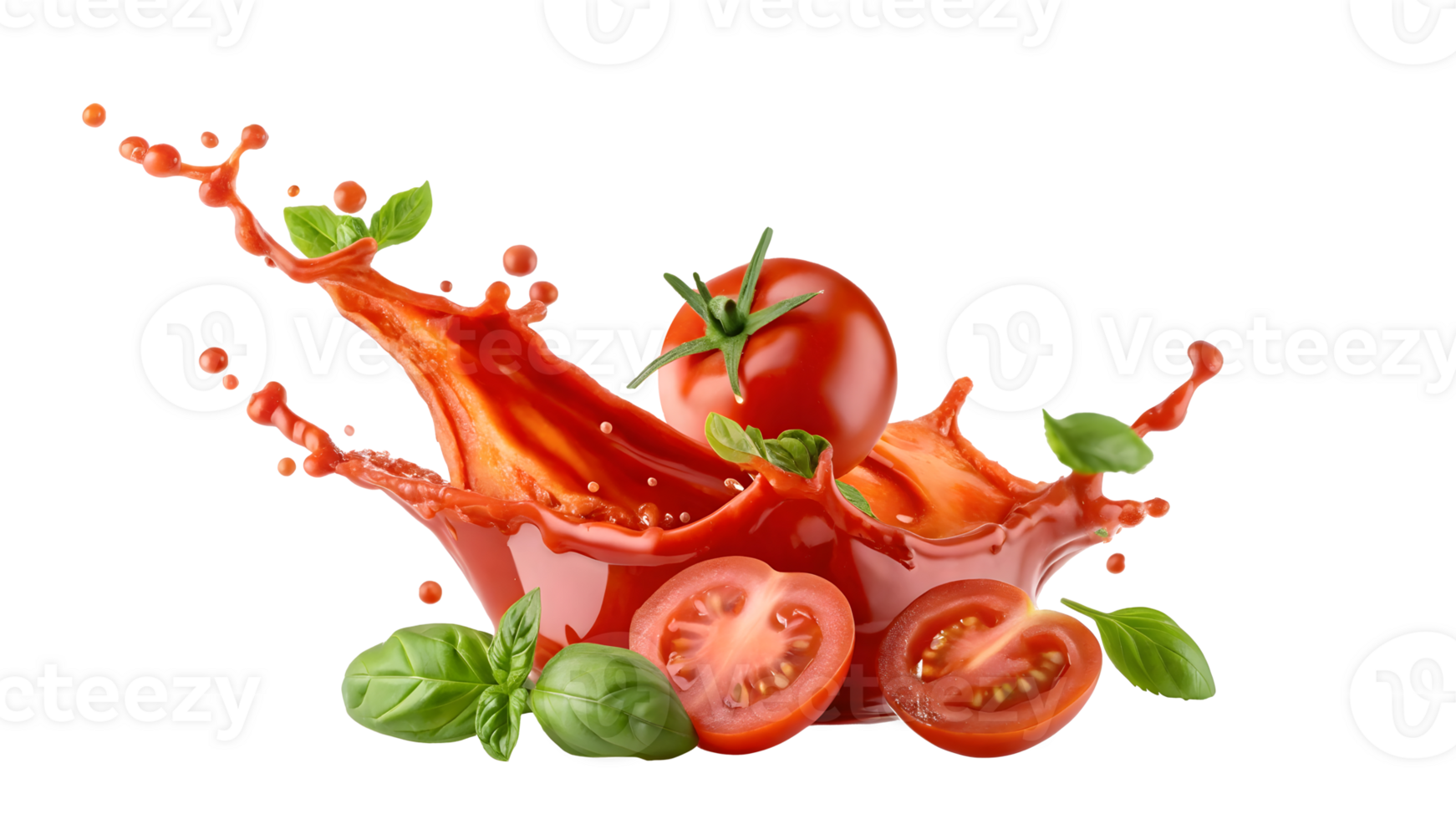 Vibrant tomato splash with fresh basil on a white background png