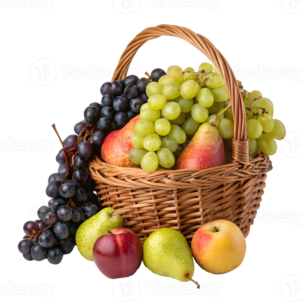 Freshly harvested fruit basket filled with grapes, apples, and pears png