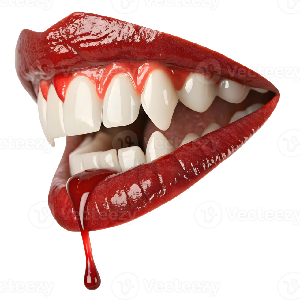 Red lips and sharp teeth with dripping blood create a striking visual effect png